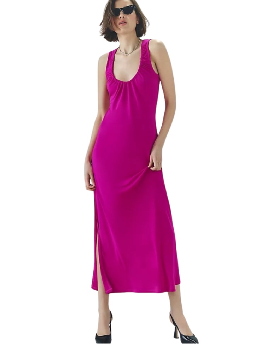 Anthropologie Ruched Scoop-Neck Midi Dress in Bright Pink